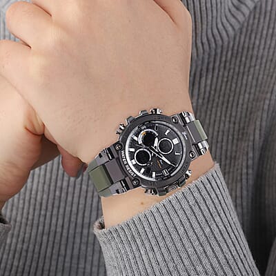 Genoa Japanese and Electronic Movement Multifunctional Key Watch in Black Silvertone Army Green Silicone Strap (46 mm)