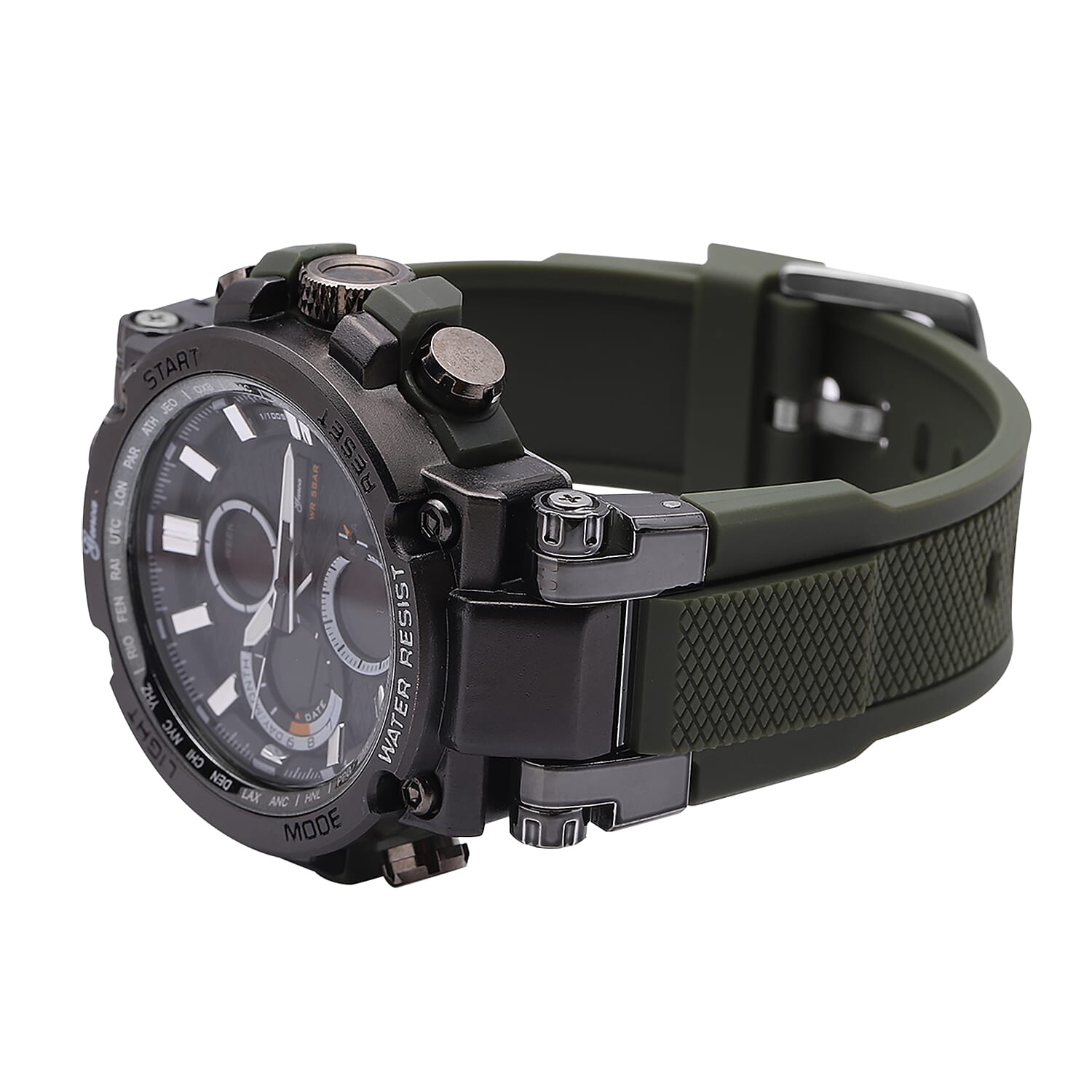 Genoa Japanese and Electronic Movement Multifunctional Key Watch in Black Silvertone Army Green Silicone Strap (46 mm)