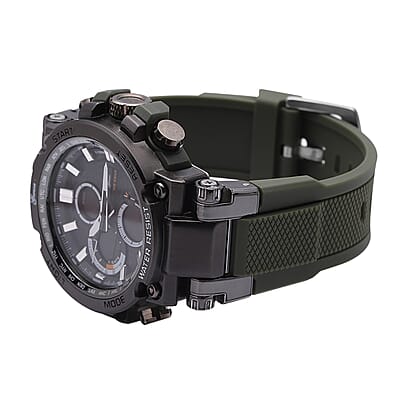 Genoa Japanese and Electronic Movement Multifunctional Key Watch in Black Silvertone Army Green Silicone Strap (46 mm)