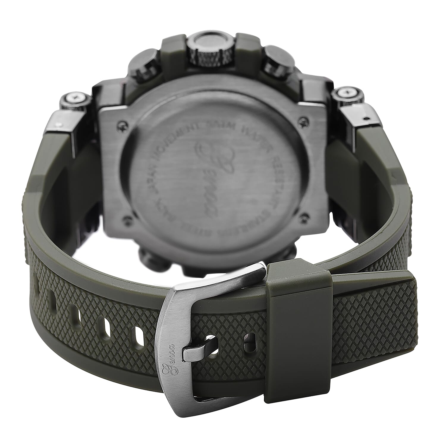 Genoa Japanese and Electronic Movement Multifunctional Key Watch in Black Silvertone Army Green Silicone Strap (46 mm)