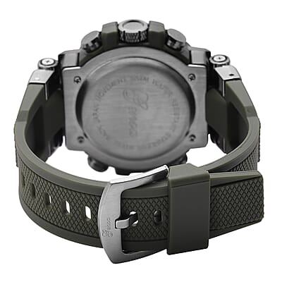 Genoa Japanese and Electronic Movement Multifunctional Key Watch in Black Silvertone Army Green Silicone Strap (46 mm)