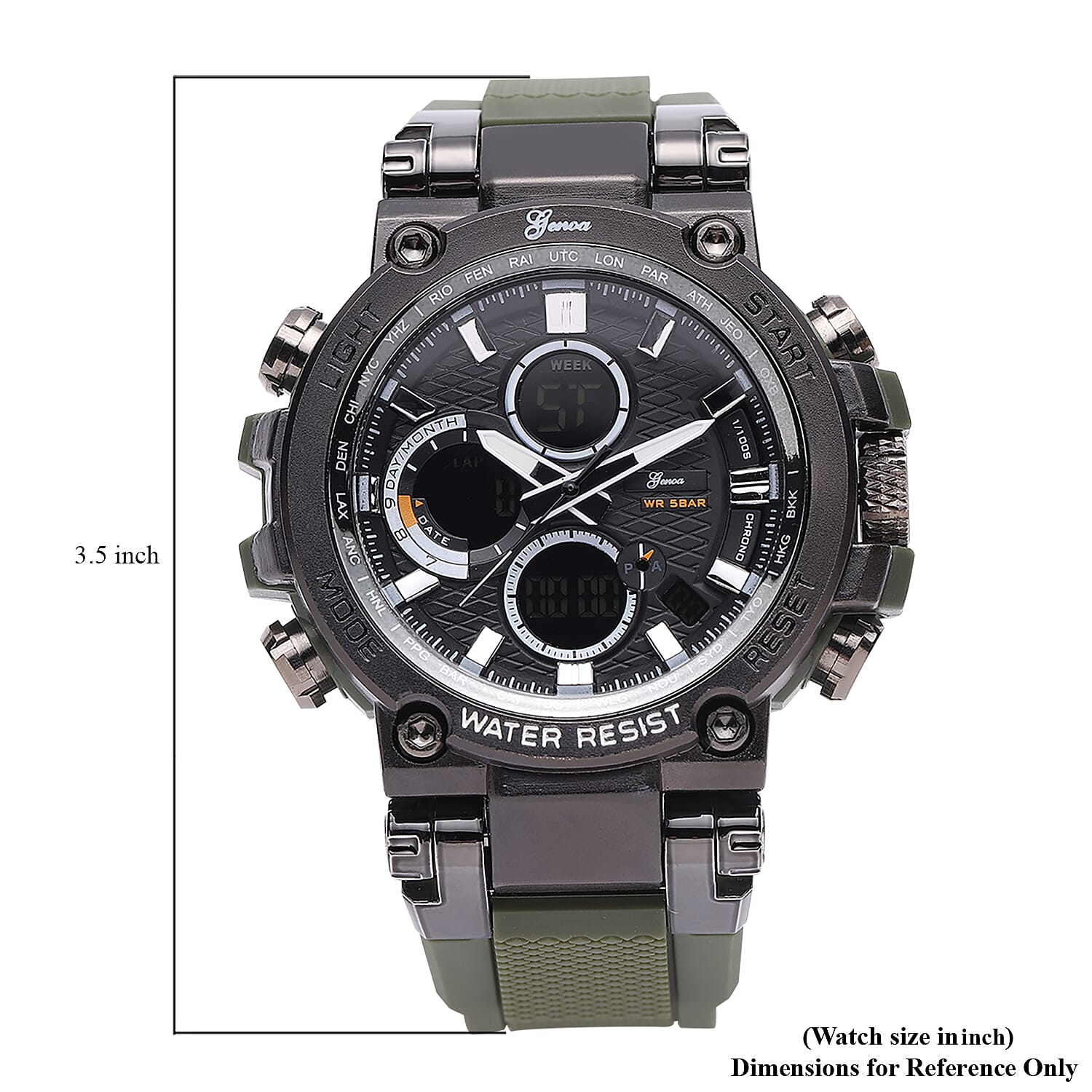 Genoa Japanese and Electronic Movement Multifunctional Key Watch in Black Silvertone Army Green Silicone Strap (46 mm)