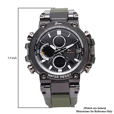 Genoa Japanese and Electronic Movement Multifunctional Key Watch in Black Silvertone Army Green Silicone Strap (46 mm)