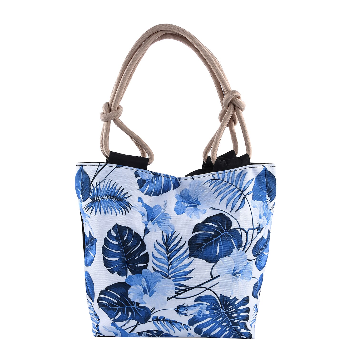 White and Blue Leaves Pattern Neat and Strong Stitching Canvas Tote Bag