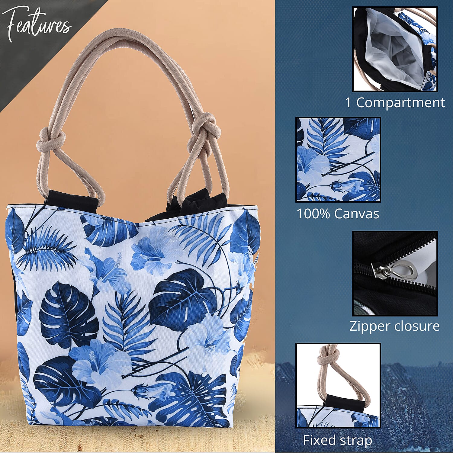 White and Blue Leaves Pattern Neat and Strong Stitching Canvas Tote Bag