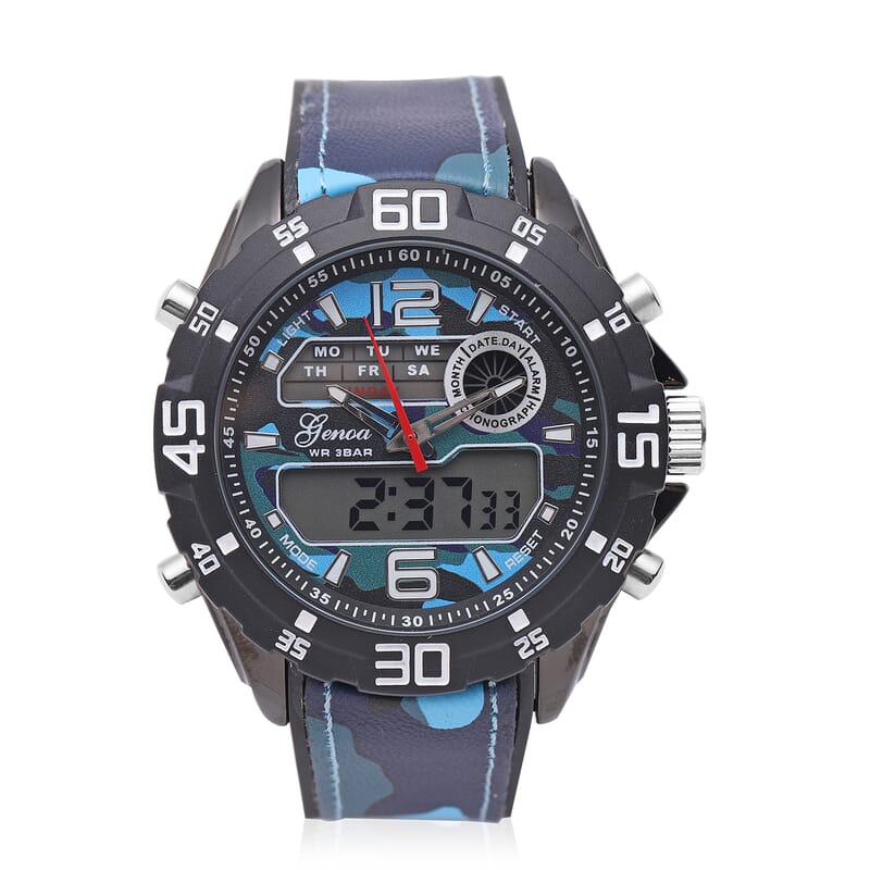 Genoa Japanese and Electronic Movement Multifunctional Key Watch with Camouflage Blue Silicone Strap