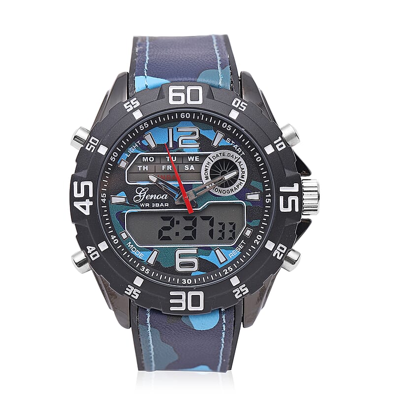 Genoa Japanese and Electronic Movement Multifunctional Key Watch with Camouflage Blue Silicone Strap