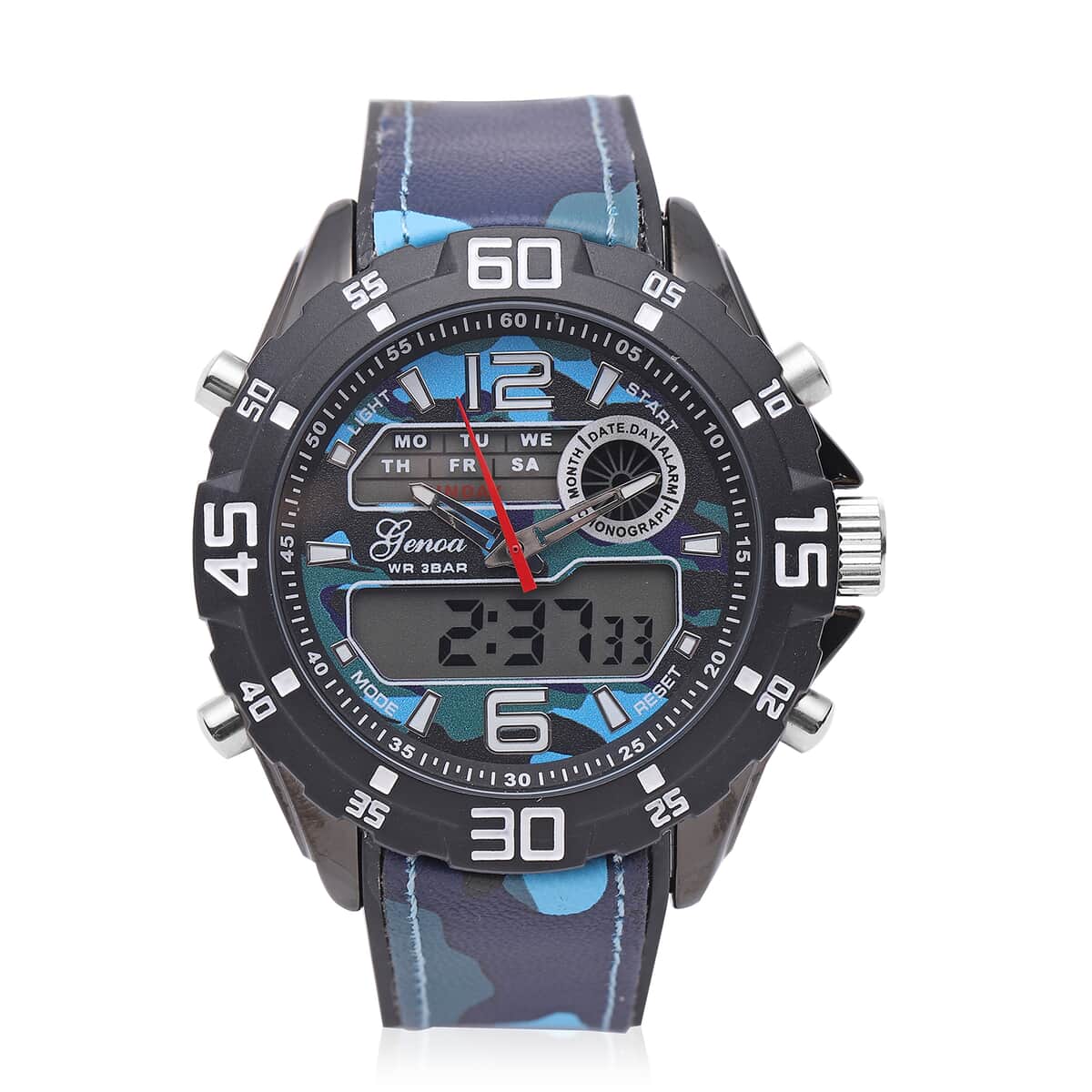Genoa Japanese and Electronic Movement Multifunctional Key Watch with Camouflage Blue Silicone Strap image number 0