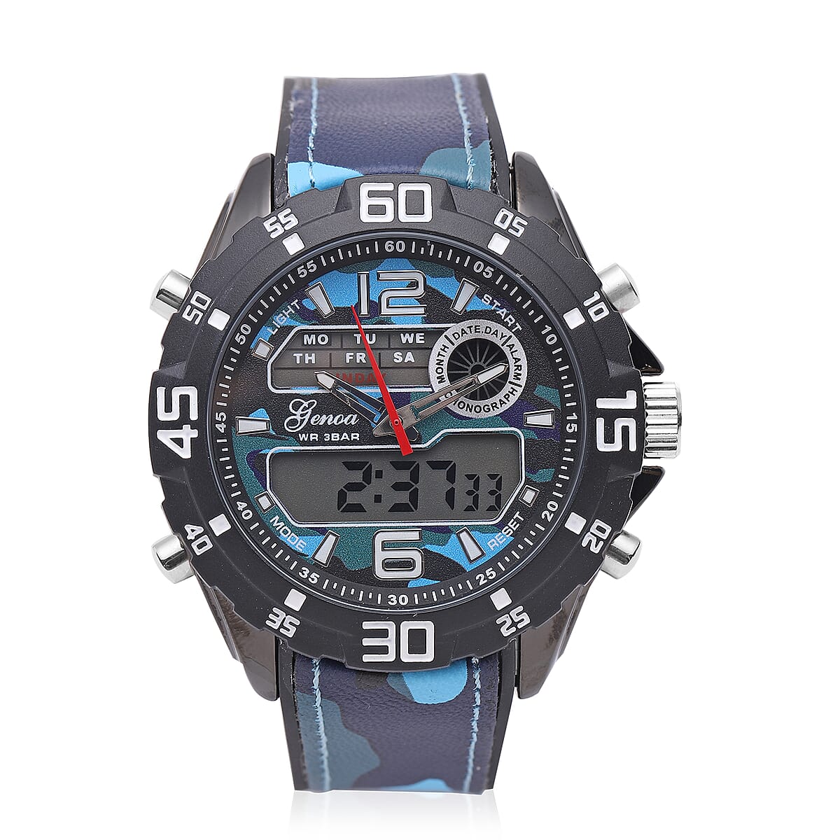 Genoa Japanese and Electronic Movement Multifunctional Key Watch with Camouflage Blue Silicone Strap image number 0