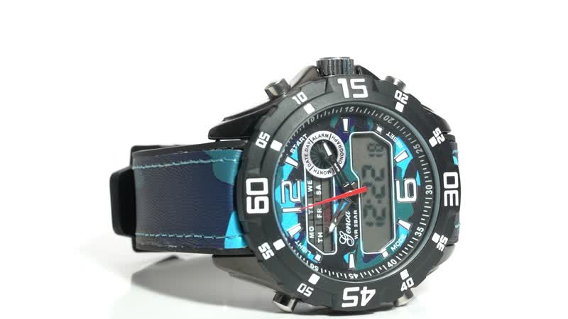 GENOA Japanese and Electronic Movement Multifunctional Key Watch with Camouflage Blue Faux Leather Strap