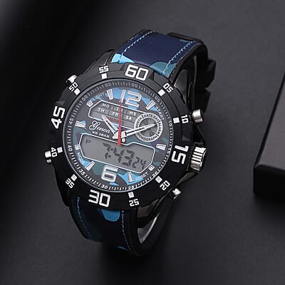 Genoa Japanese and Electronic Movement Multifunctional Key Watch with Camouflage Blue Silicone Strap