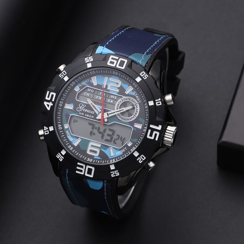 Genoa Japanese and Electronic Movement Multifunctional Key Watch with Camouflage Blue Silicone Strap