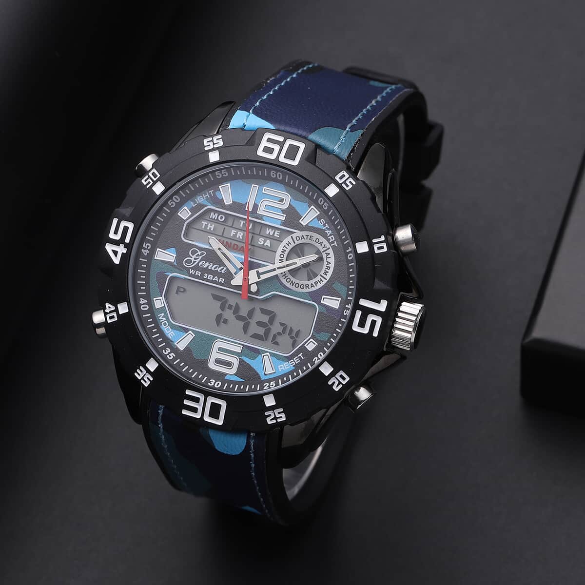 Genoa Japanese and Electronic Movement Multifunctional Key Watch with Camouflage Blue Silicone Strap image number 1