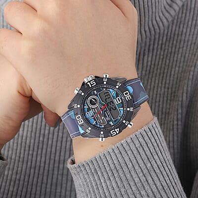 Genoa Japanese and Electronic Movement Multifunctional Key Watch with Camouflage Blue Silicone Strap