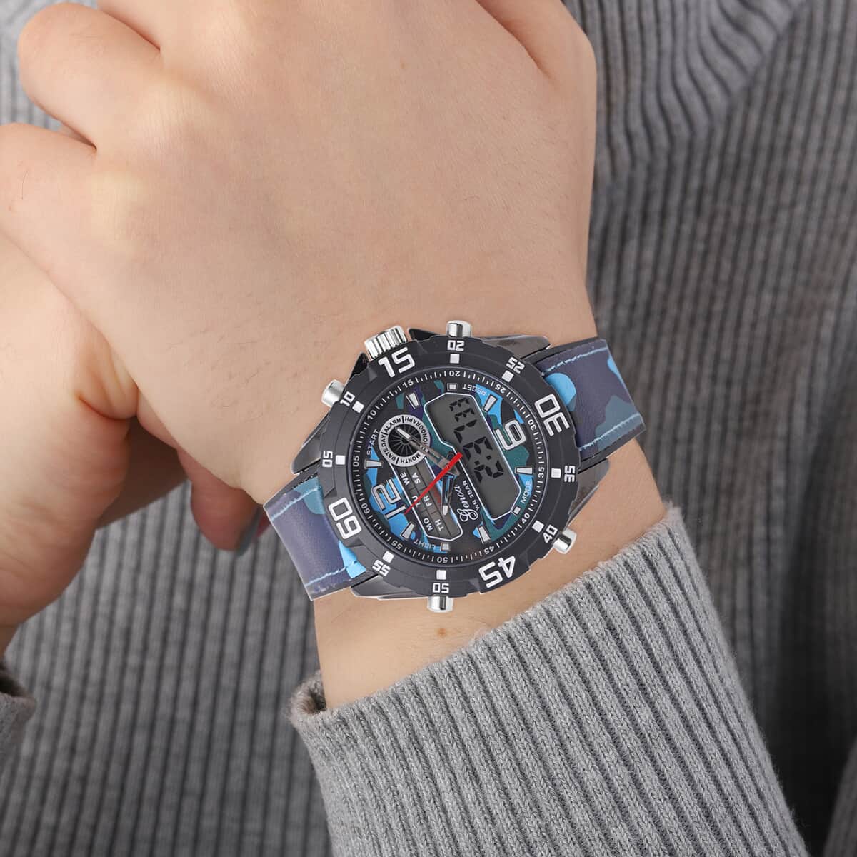 GENOA Japanese and Electronic Movement Multifunctional Key Watch with Camouflage Blue Faux Leather Strap image number 2