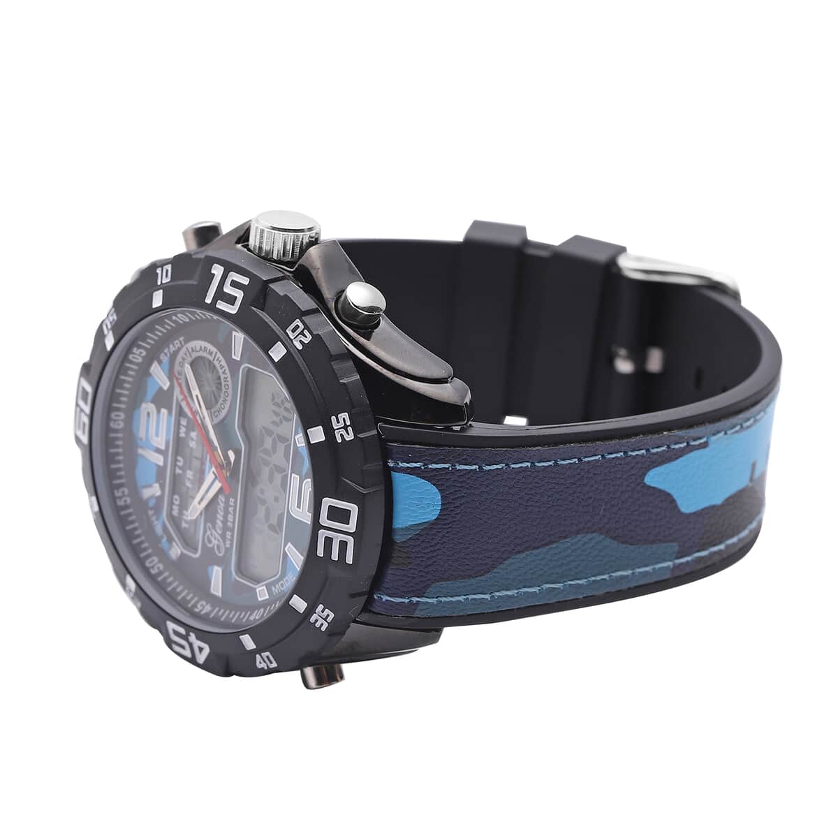Genoa Japanese and Electronic Movement Multifunctional Key Watch with Camouflage Blue Silicone Strap image number 3