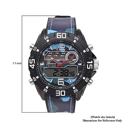 Genoa Japanese and Electronic Movement Multifunctional Key Watch with Camouflage Blue Silicone Strap