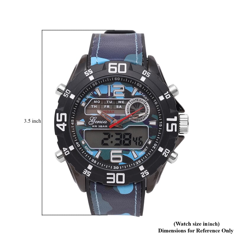 Genoa Japanese and Electronic Movement Multifunctional Key Watch with Camouflage Blue Silicone Strap