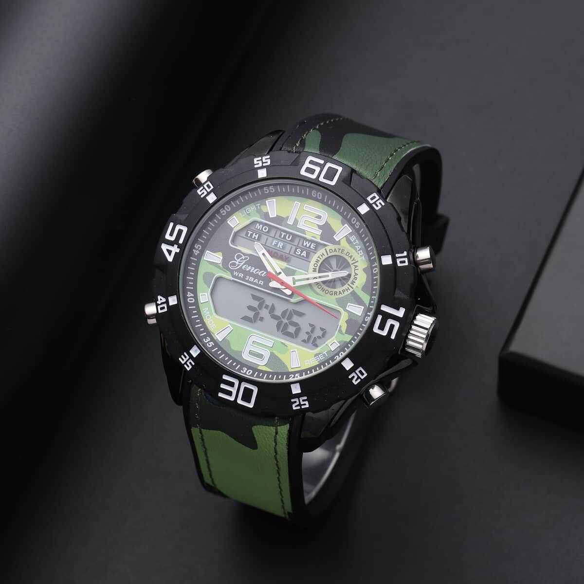 Genoa Japanese and Electronic Movement Multifunctional Key Watch with Camouflage Green Silicone Strap image number 1