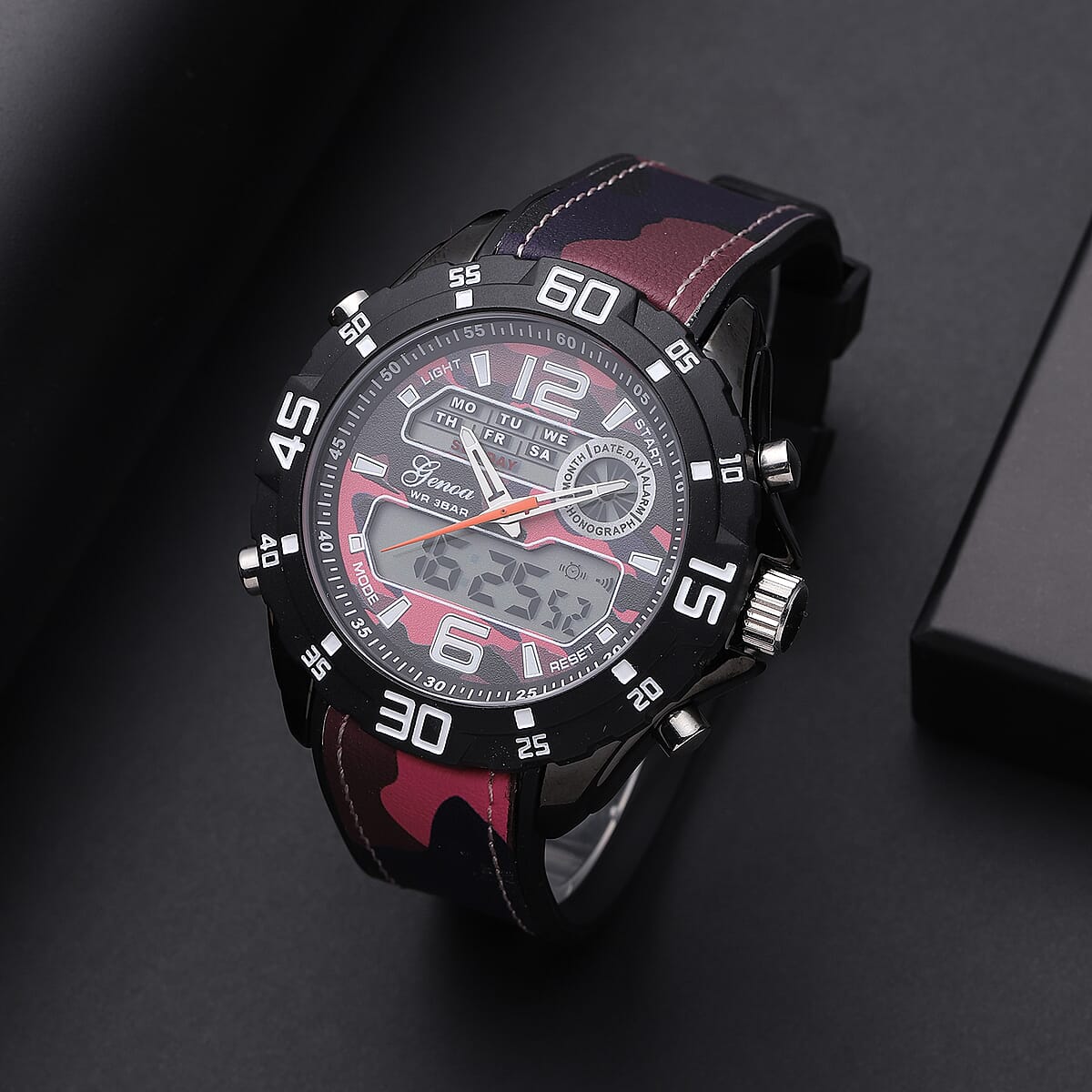 Genoa Japanese and Electronic Movement Multifunctional Key Watch with Camouflage Pink Silicone Strap image number 1