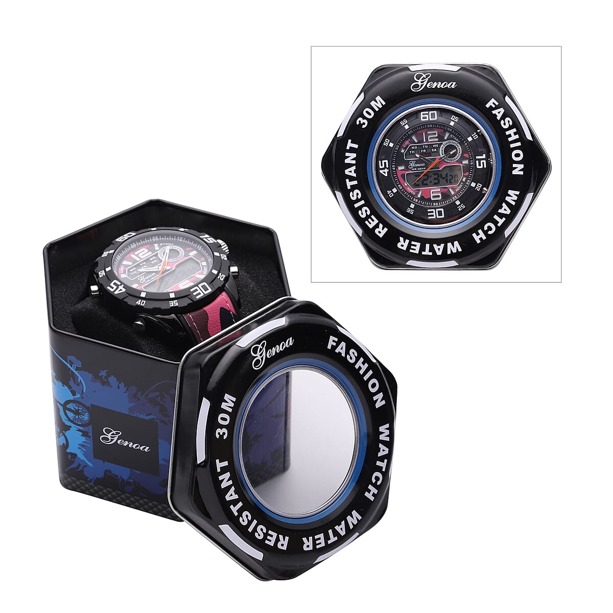 Genoa Japanese and Electronic Movement Multifunctional Key Watch with Camouflage Pink Silicone Strap image number 6