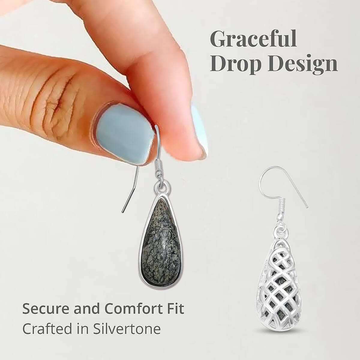 Olive Green Connemara Marble From Ireland Drop Earrings in Silvertone 40ctw image number 3