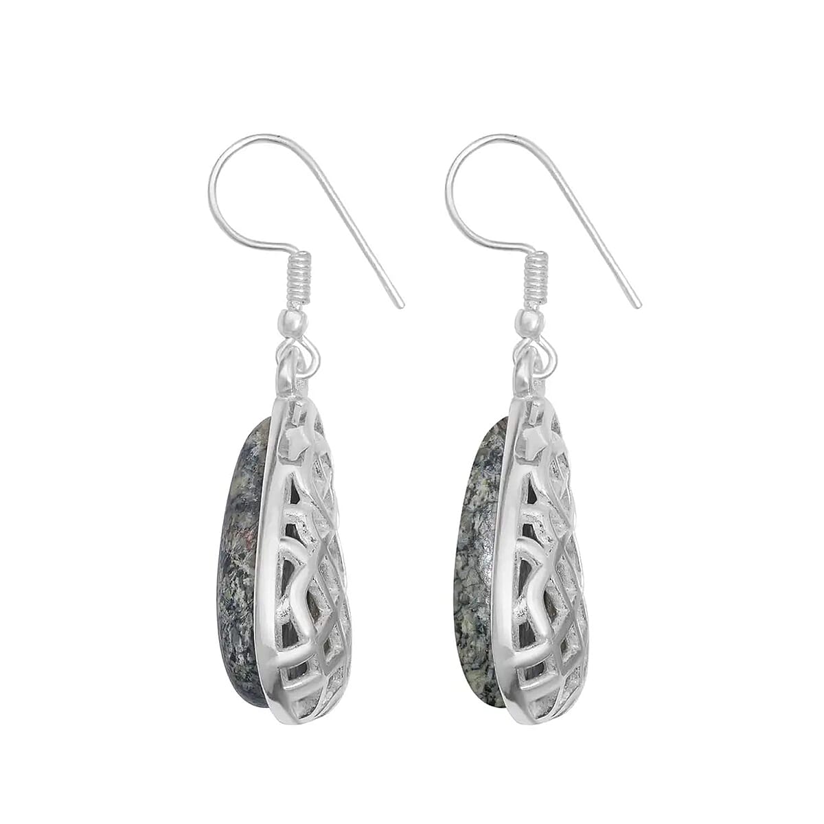 Olive Green Connemara Marble From Ireland Drop Earrings in Silvertone 40ctw image number 5