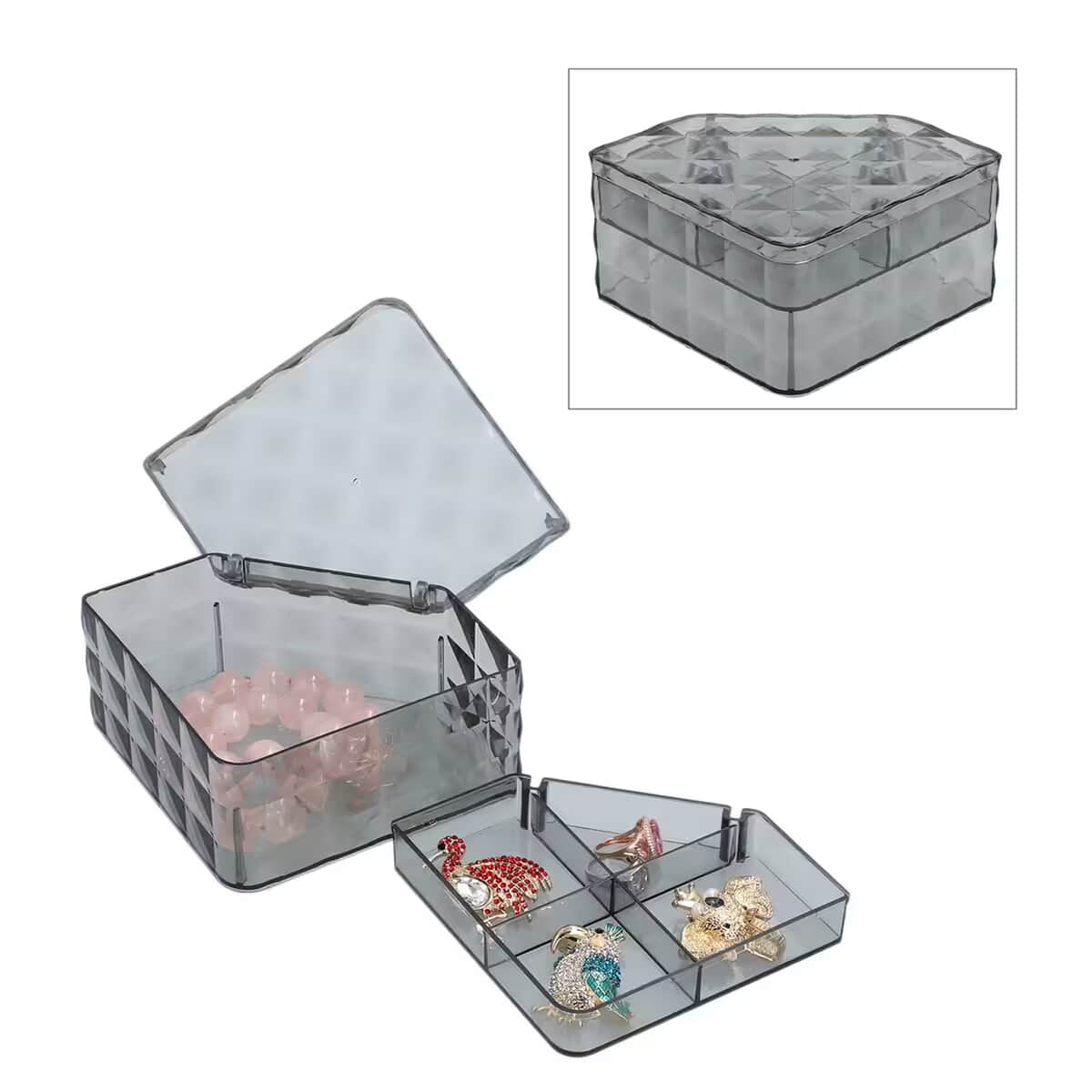 Gray Diamond Pattern Two Layer Jewelry Organizer with 2 Removable Tray image number 0