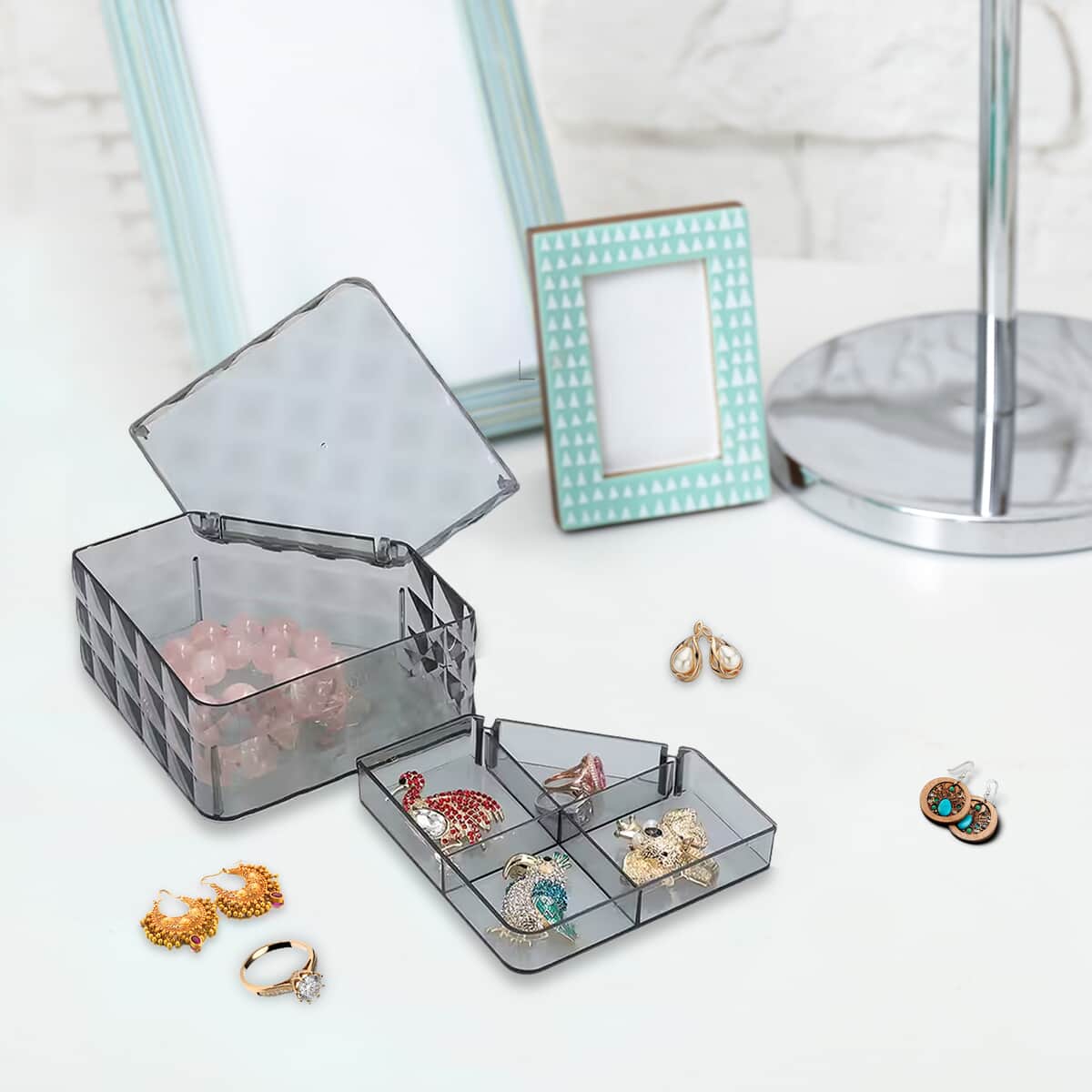 Gray Diamond Pattern Two Layer Jewelry Organizer with 2 Removable Tray image number 1