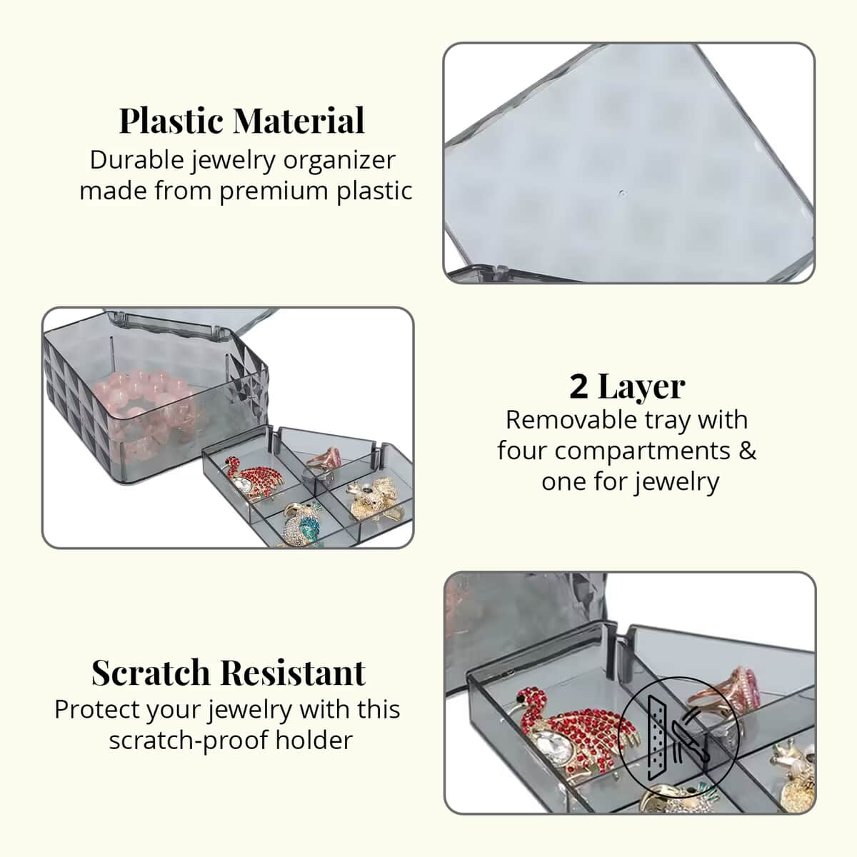 Gray Diamond Pattern Two Layer Jewelry Organizer with 2 Removable Tray image number 2