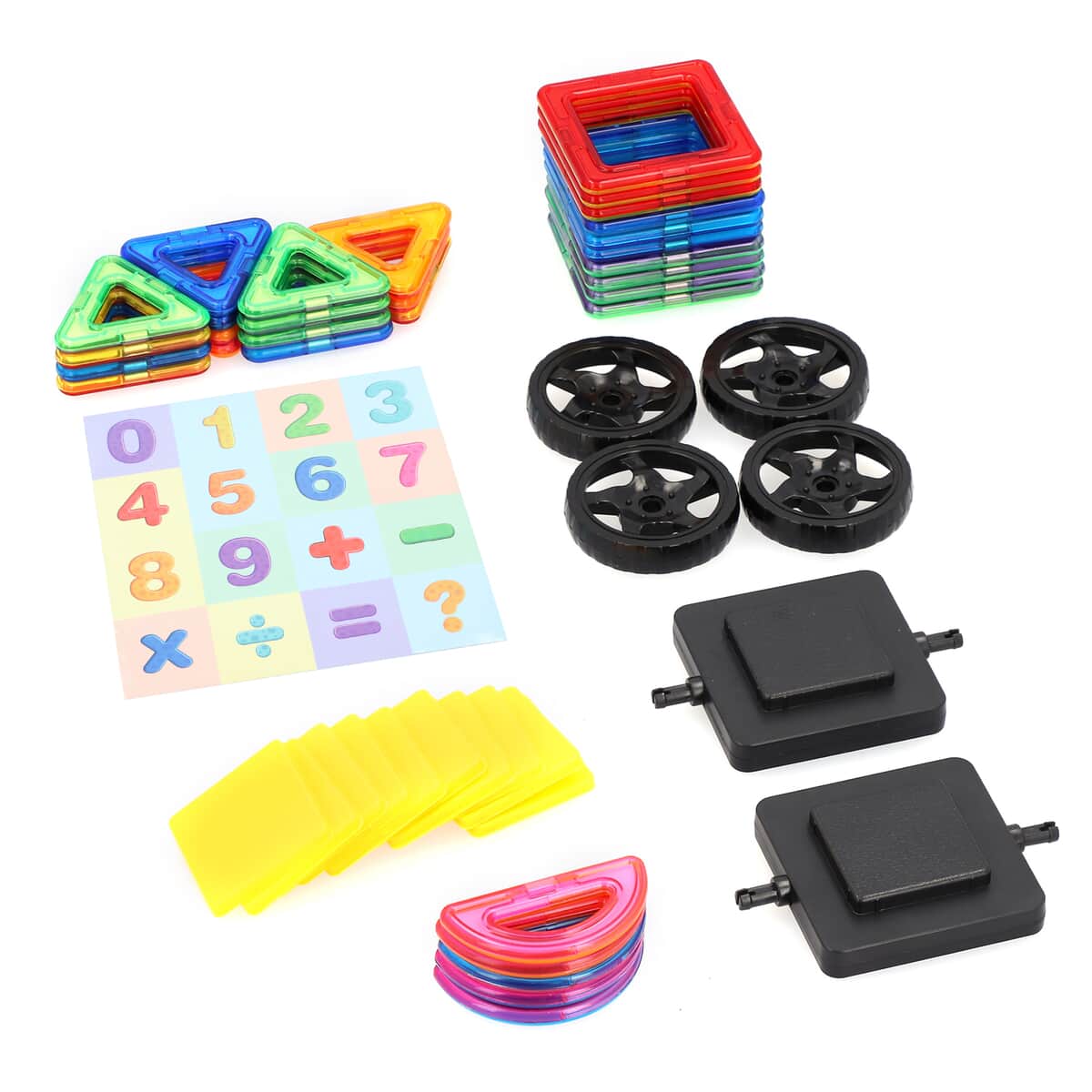 46 Pcs Diy Magnetic Block (15pcs Triangle, 10pcs Square, 5pcs Half Circle, 10pcs Fixture Block, and 6pcs Components Makes 2 Set of Wheels) image number 0