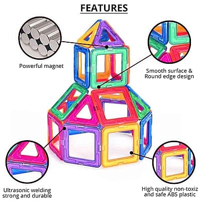 46 Pcs Diy Magnetic Block (15pcs Triangle, 10pcs Square, 5pcs Half Circle, 10pcs Fixture Block, and 6pcs Components Makes 2 Set of Wheels)