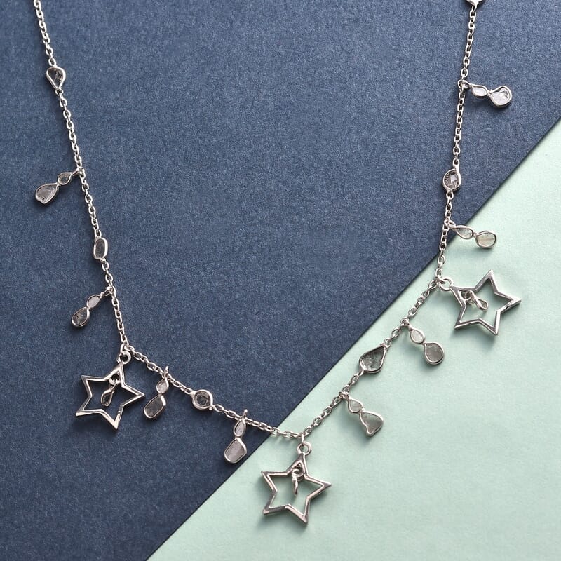 GP Celestial Dreams Collection Polki Diamond Star Charm Necklace 20 Inches in Platinum Over Sterling Silver 2.00 ctw