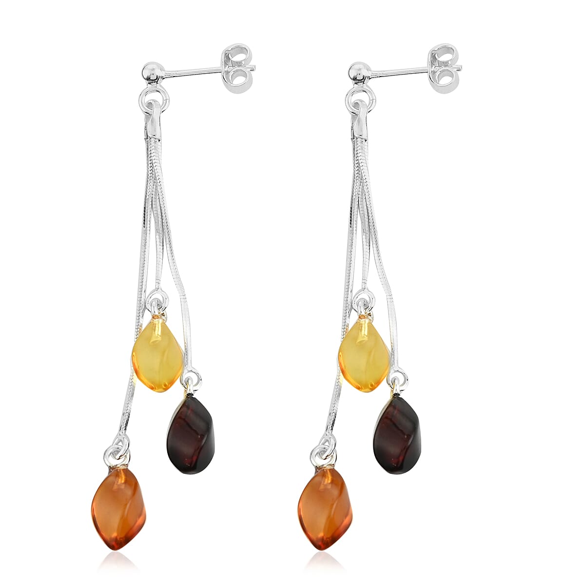 Multi Color Amber Dangle Earrings in Sterling Silver