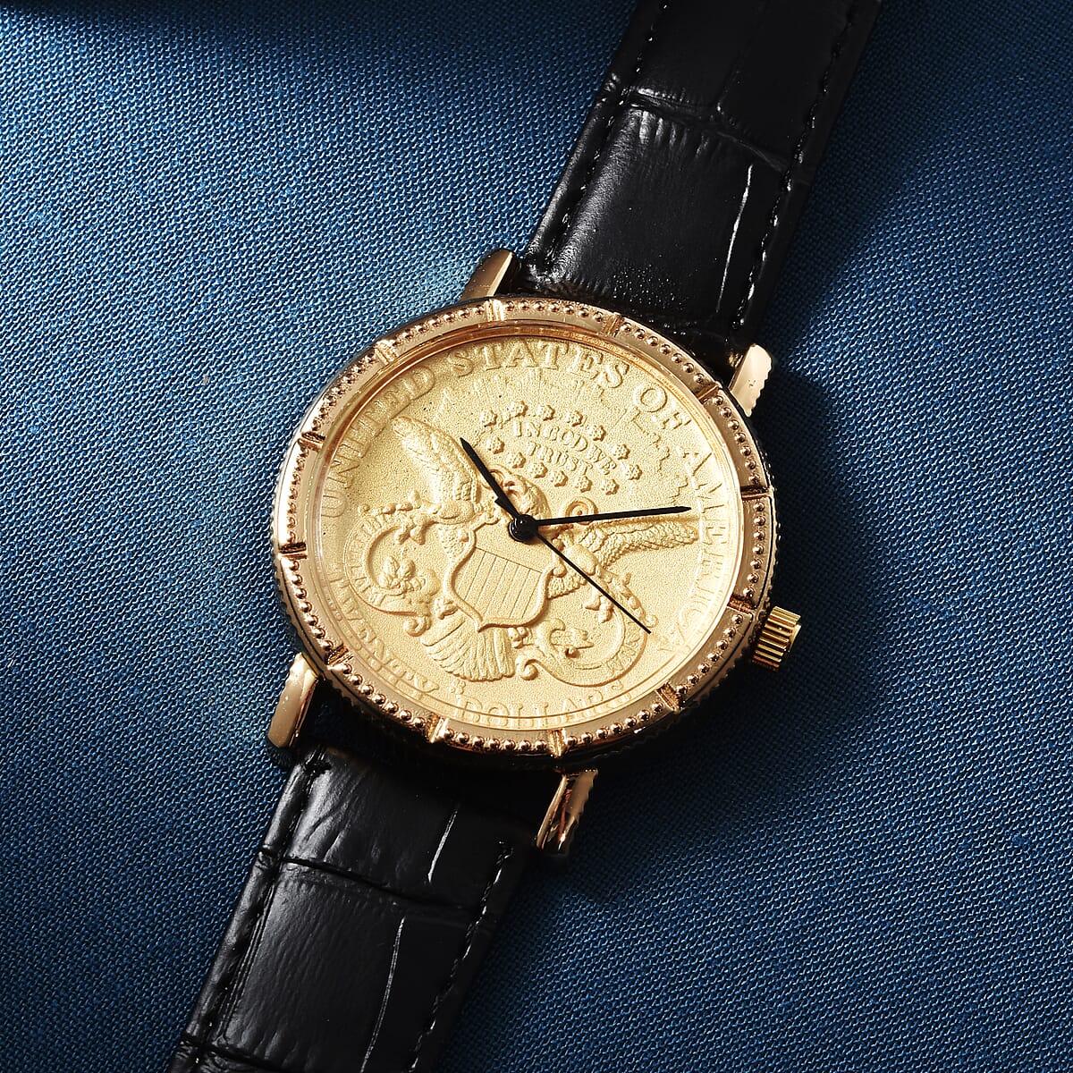 Genoa Miyota Japanese Movement Replica Coin Double Eagle Pattern Watch with Black Genuine Leather Band (40mm) image number 1