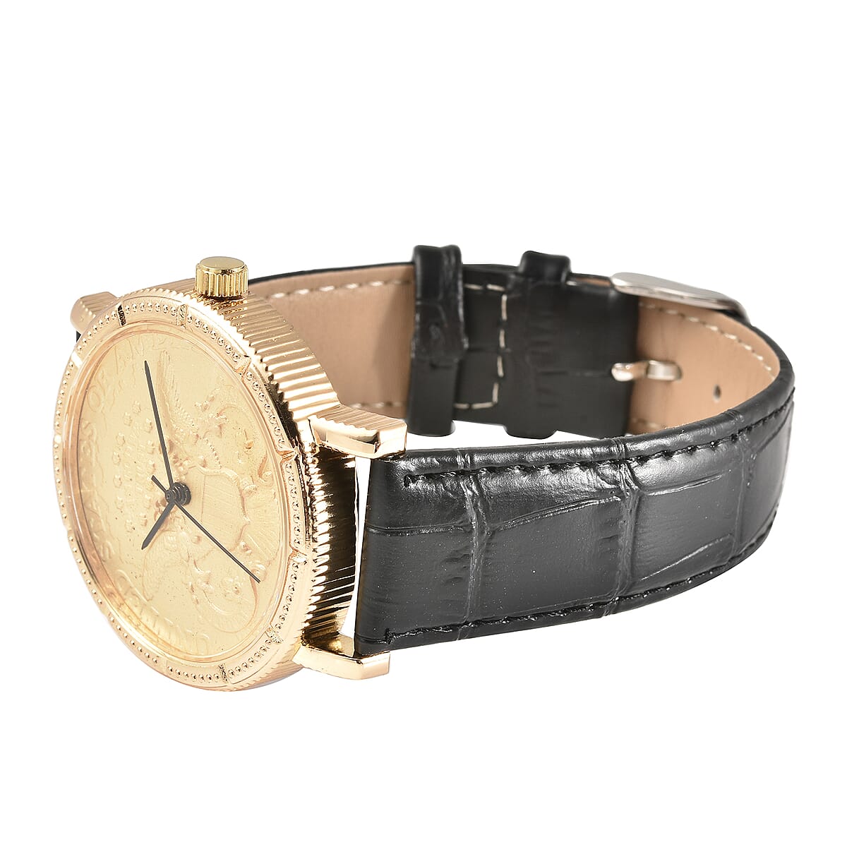 Genoa Miyota Japanese Movement Replica Coin Double Eagle Pattern Watch with Black Genuine Leather Band (40mm) image number 4