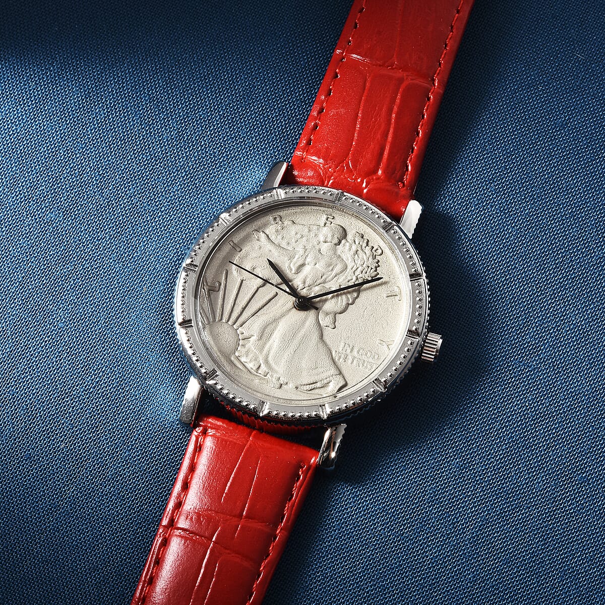 Genoa Miyota Japanese Movement Replica Coin Walking Liberty Half Dollar Pattern Watch with Red Genuine Leather Band (40mm) image number 1