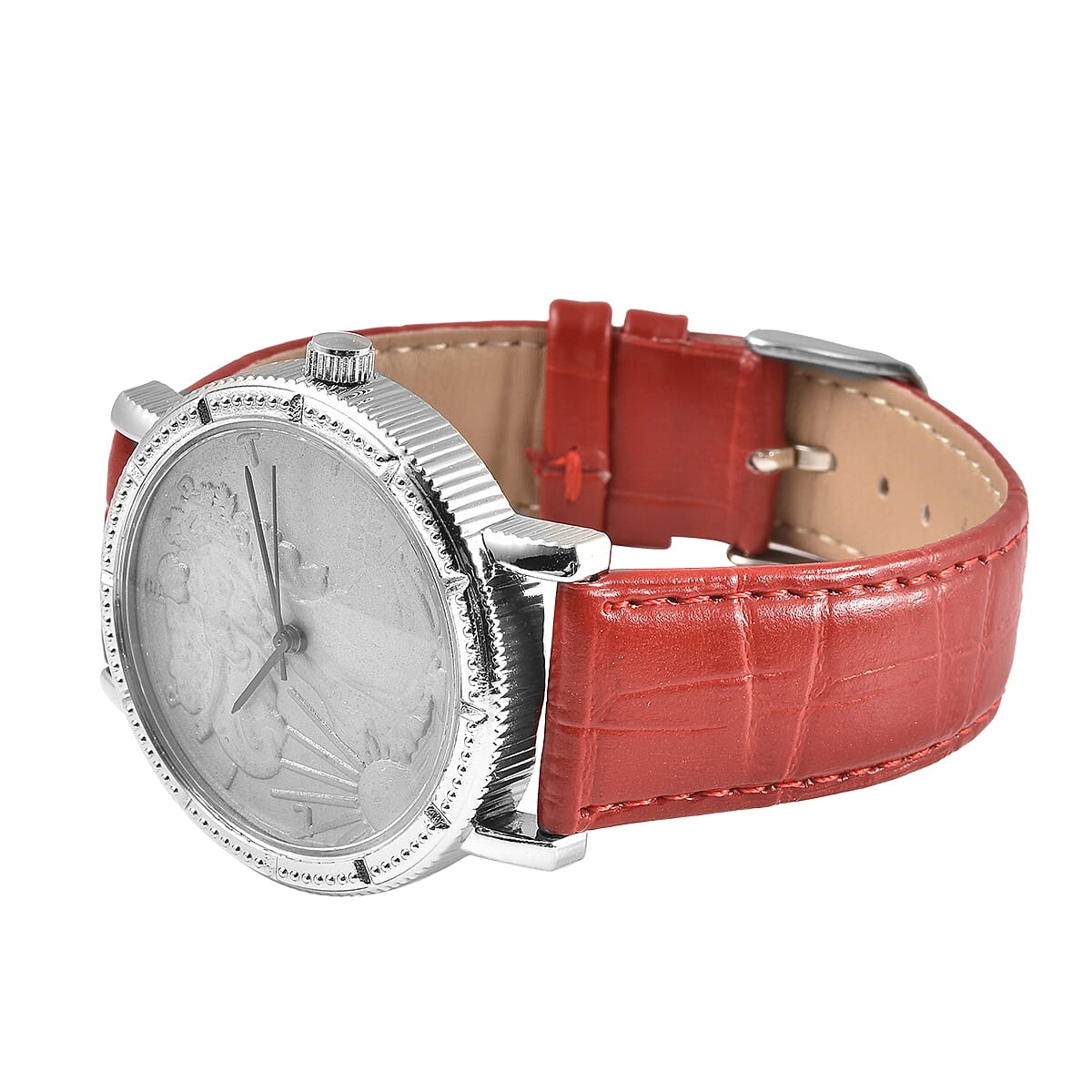 Genoa Miyota Japanese Movement Replica Coin Walking Liberty Half Dollar Pattern Watch with Red Genuine Leather Band (40mm) image number 4
