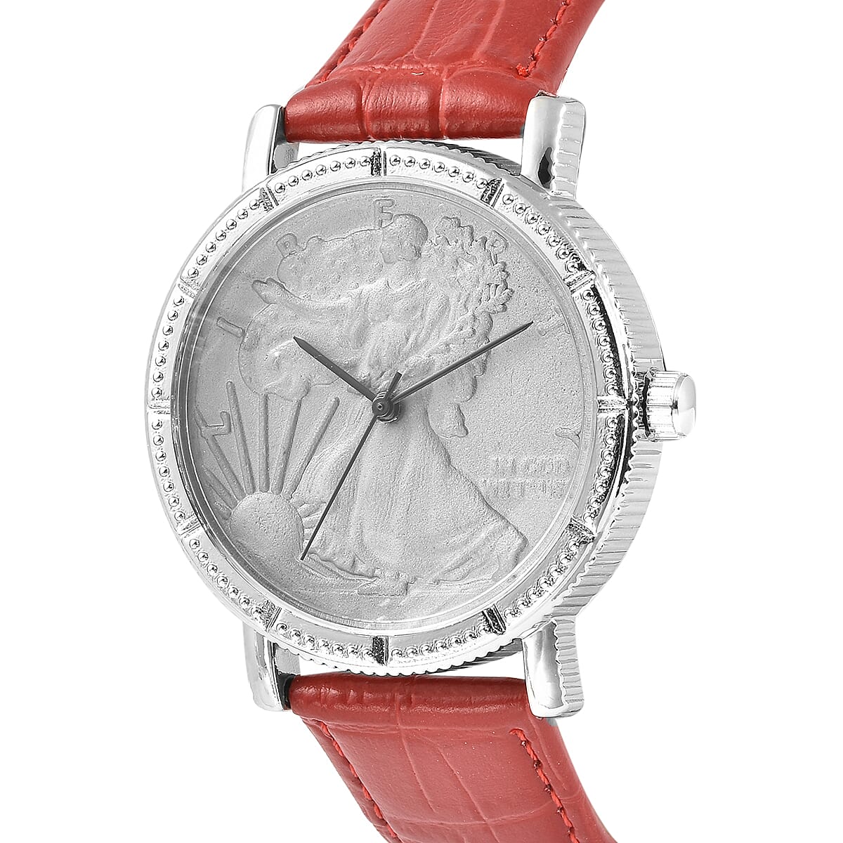 Genoa Miyota Japanese Movement Replica Coin Walking Liberty Half Dollar Pattern Watch with Red Genuine Leather Band (40mm) image number 5