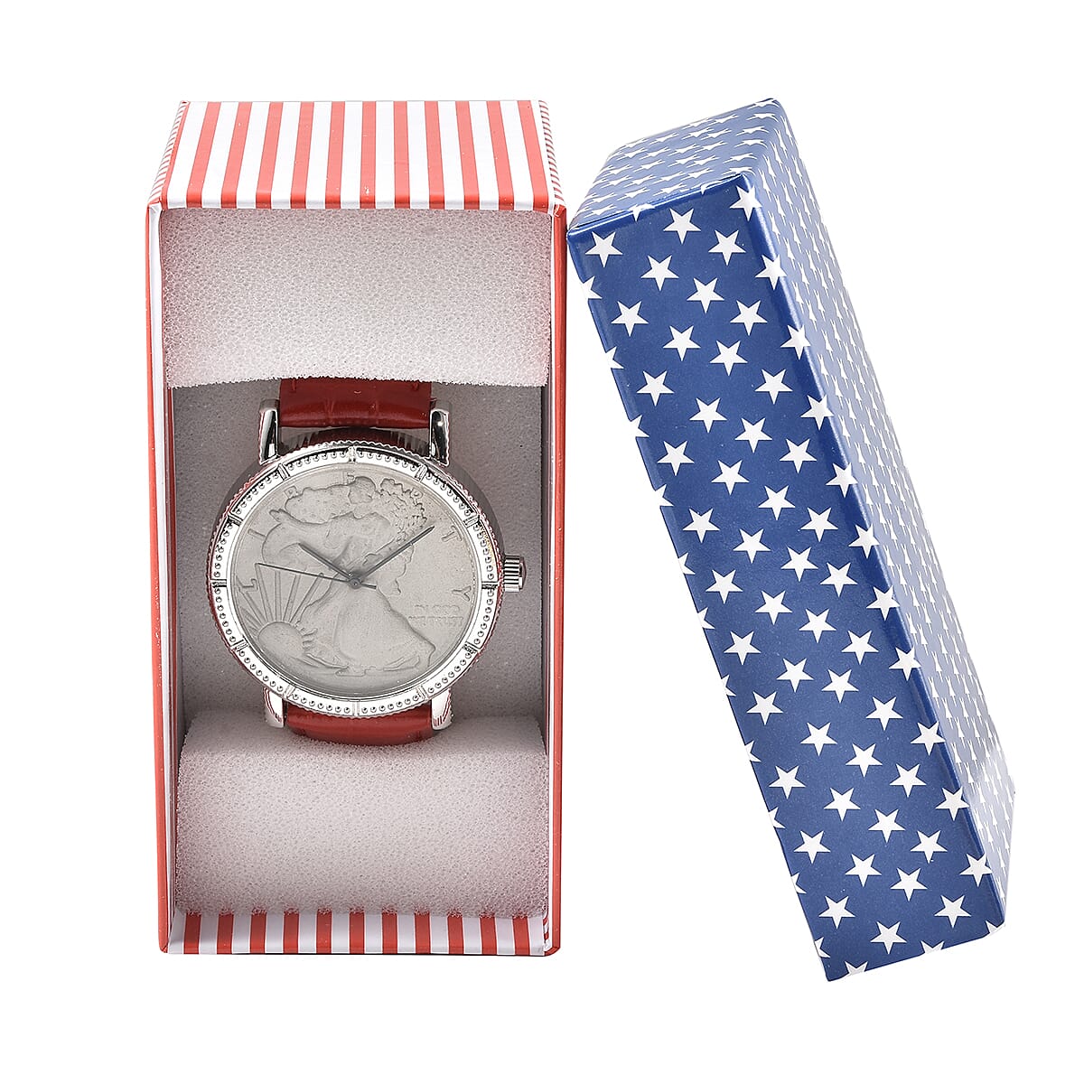 Genoa Miyota Japanese Movement Replica Coin Walking Liberty Half Dollar Pattern Watch with Red Genuine Leather Band (40mm) image number 7