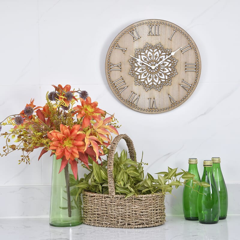 Wooden Quartz Sweep Movement Flower Pattern Wall Clock (AAx1 Not Included) | Wall Décor | Wall Art | Modern Wall Clock | Quartz Clock | Wall Clock for Living Room