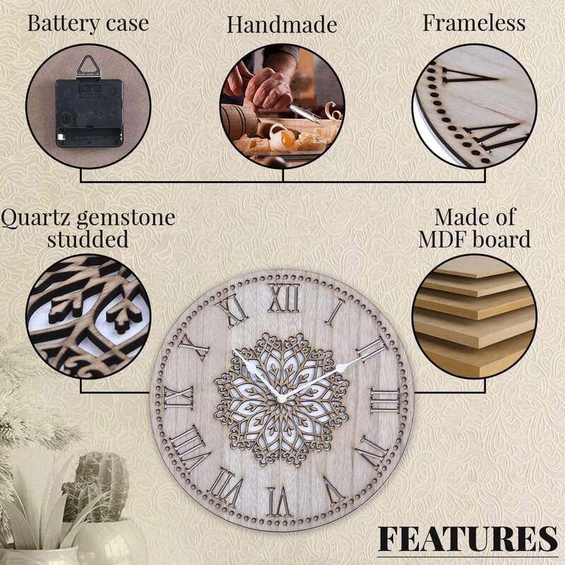 Wooden Quartz Sweep Movement Flower Pattern Wall Clock (AAx1 Not Included) | Wall Décor | Wall Art | Modern Wall Clock | Quartz Clock | Wall Clock for Living Room
