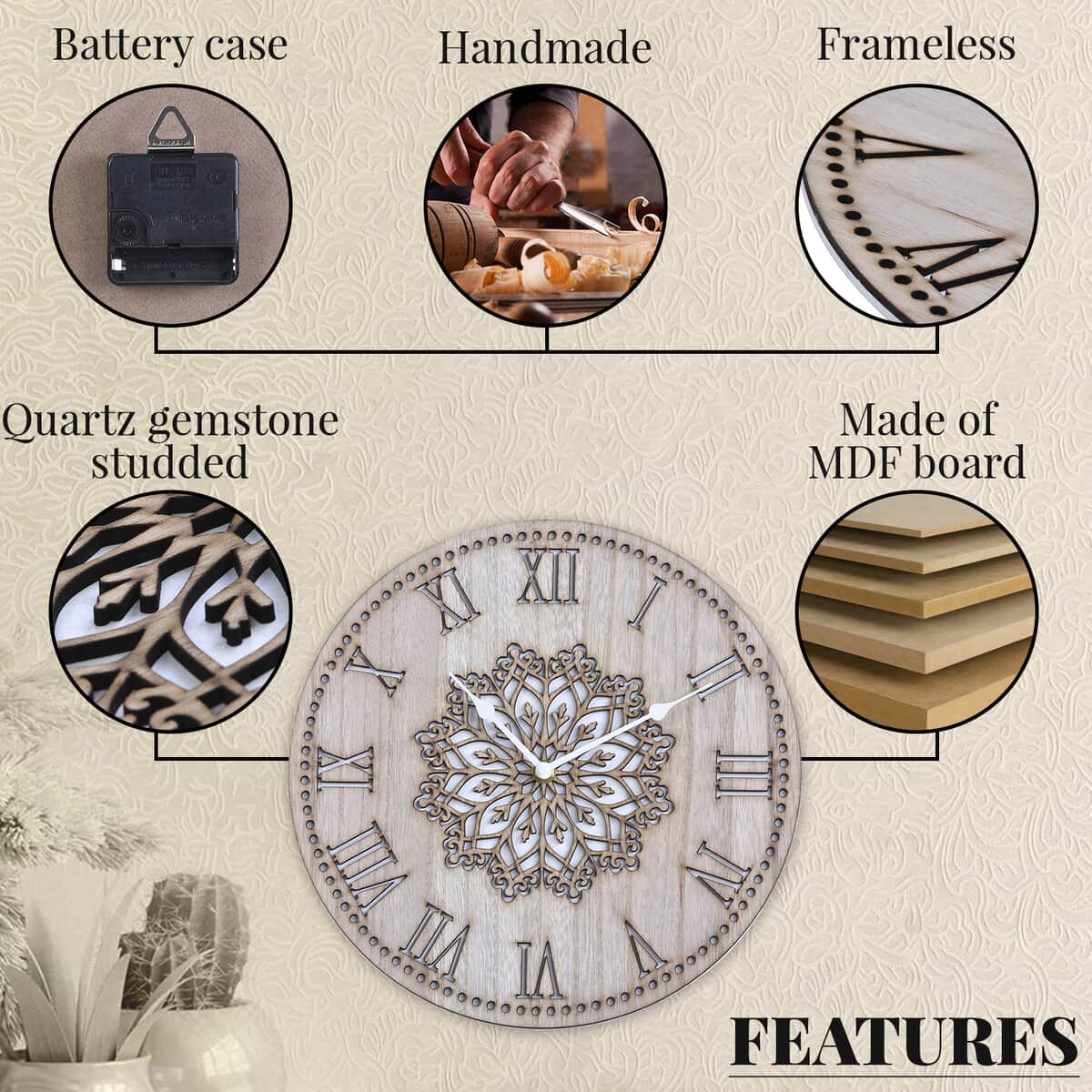 Wooden Quartz Sweep Movement Flower Pattern Wall Clock (11.81"x11.81") (AAx1 Not Included) image number 2