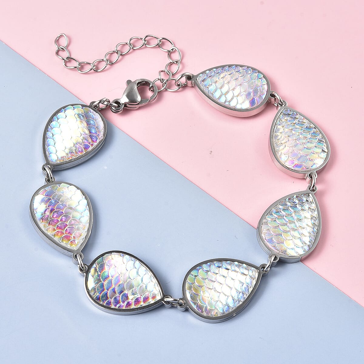 White Aurora Borealis Resin Disco Ball Pear Charm Station Bracelet in Stainless Steel (7.75-9.95In) image number 1