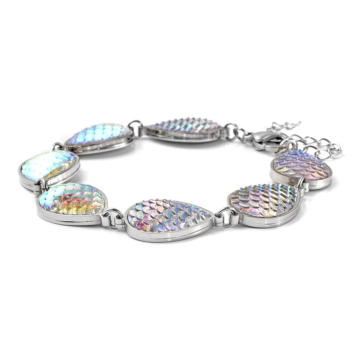 White Aurora Borealis Resin Disco Ball Pear Charm Station Bracelet in Stainless Steel (7.75-9.95In) image number 2