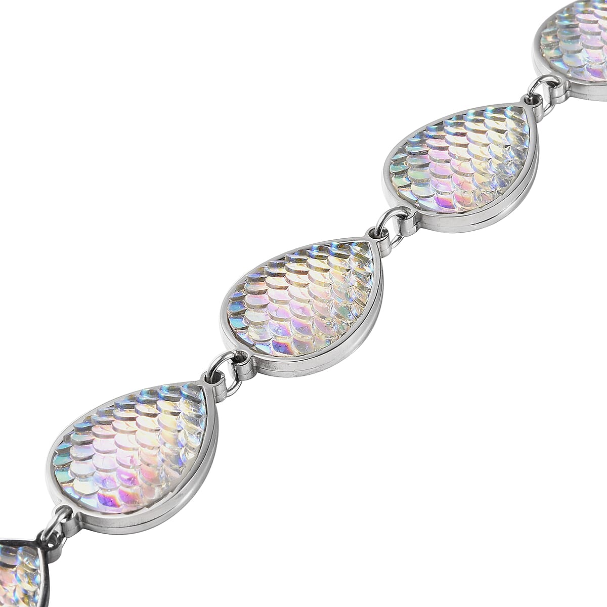 White Aurora Borealis Resin Disco Ball Pear Charm Station Bracelet in Stainless Steel (7.75-9.95In) image number 3