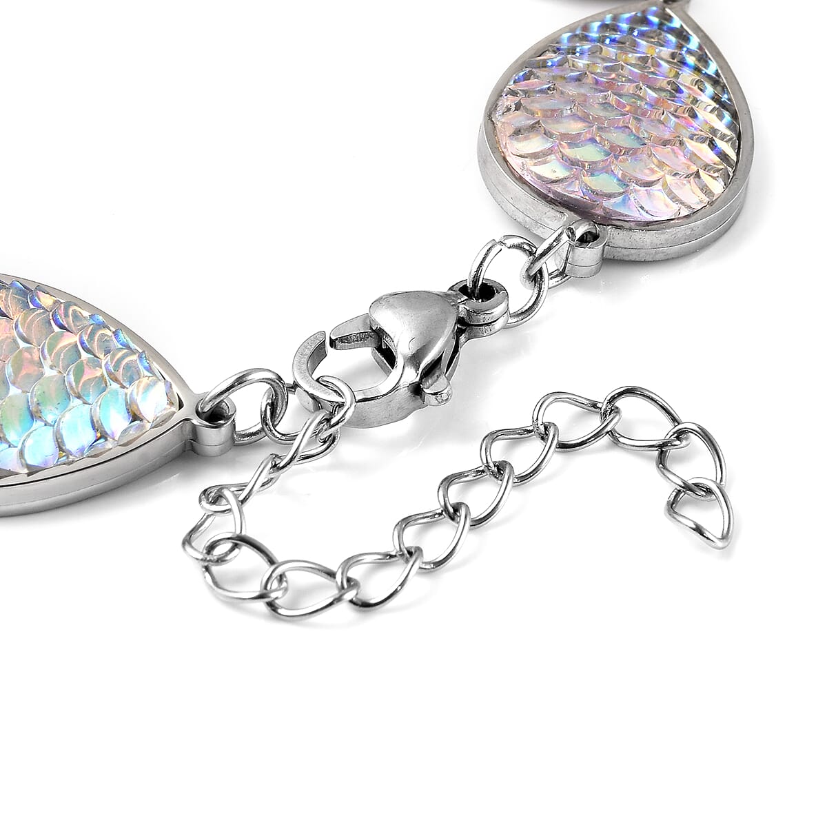 White Aurora Borealis Resin Disco Ball Pear Charm Station Bracelet in Stainless Steel (7.75-9.95In) image number 4