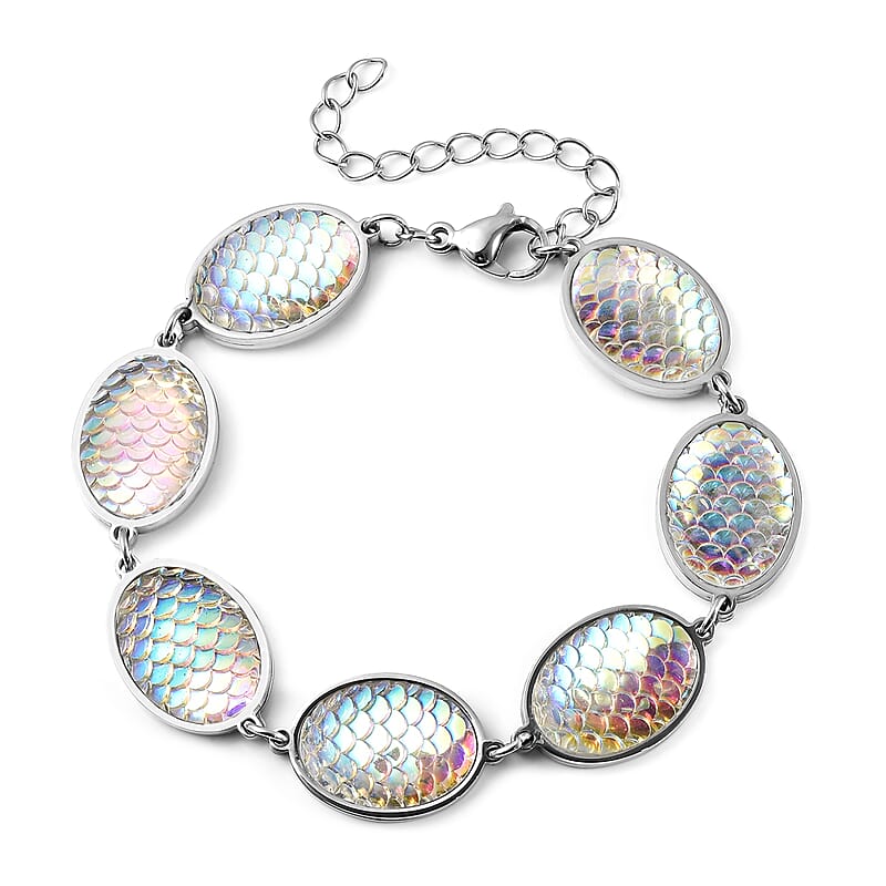 Simulated Aurora Borealis Mystic Topaz Disco Ball Theme Oval Charm Station Bracelet in Stainless Steel (7.50-9.50In)