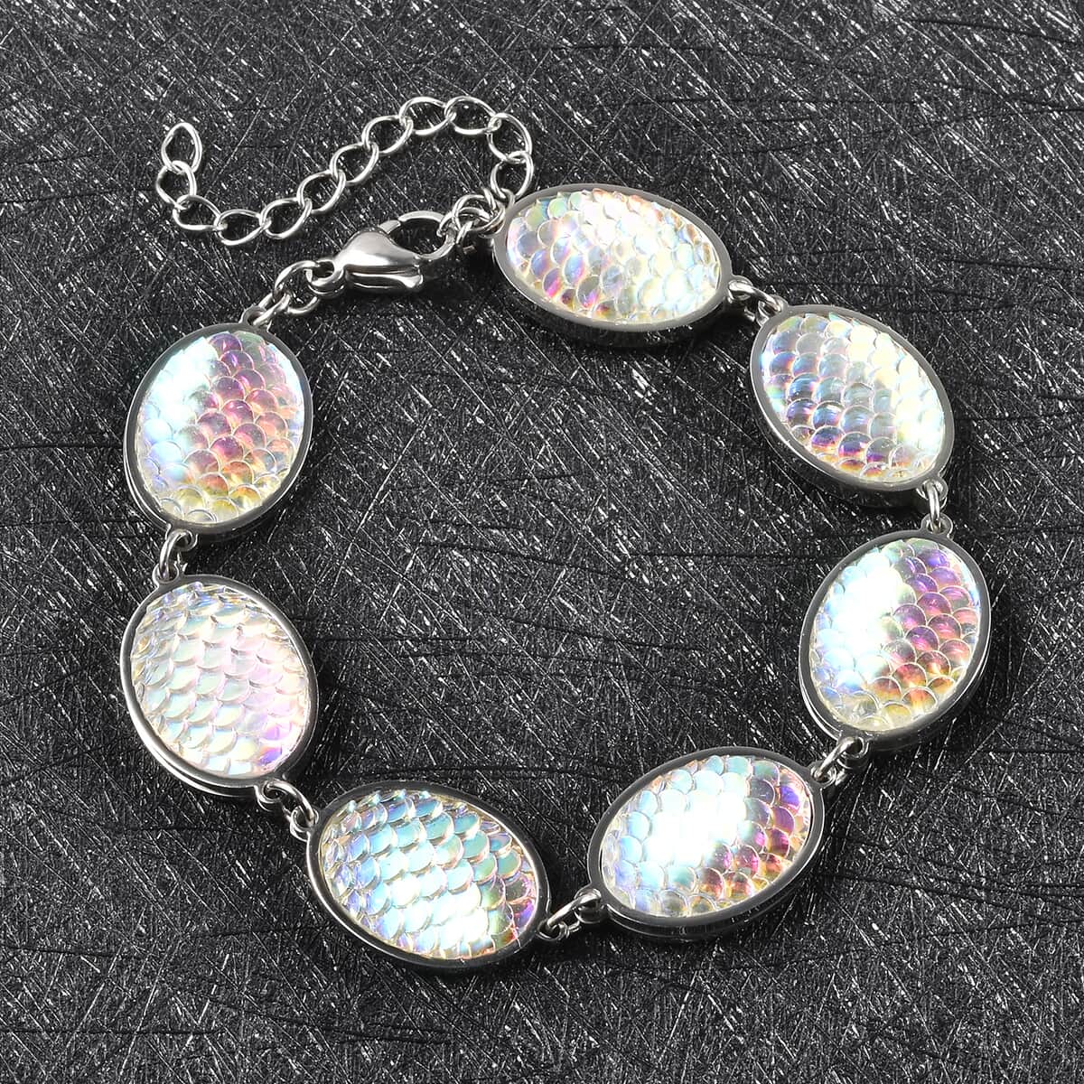 Simulated Blue Magic Color Topaz Disco Ball Theme Oval Charm Station Bracelet in Stainless Steel (7.50 In) image number 1