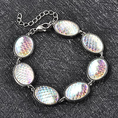 Simulated Aurora Borealis Mystic Topaz Disco Ball Theme Oval Charm Station Bracelet in Stainless Steel (7.50-9.50In)